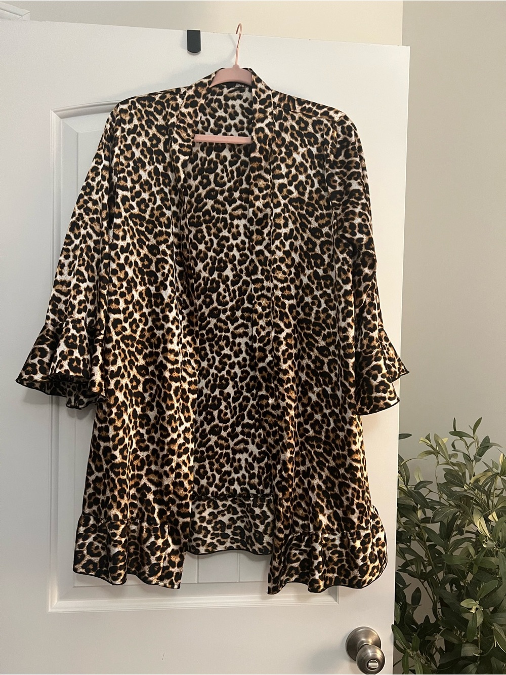 Leopard Print Ruffle-Sleeve Open Front Tunic - Brown/Black